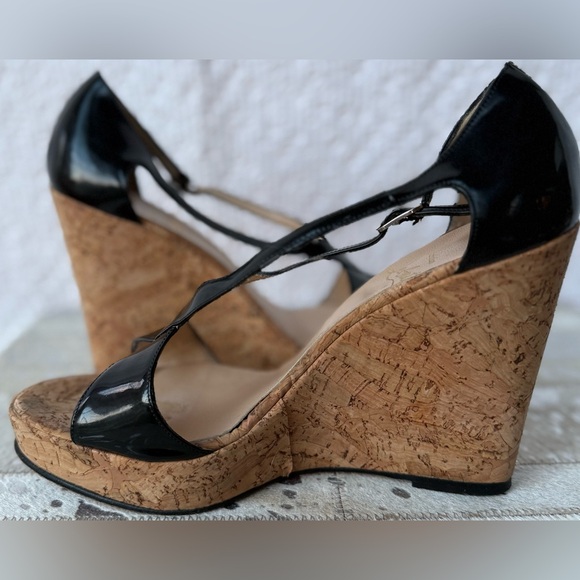 Christian Louboutin Black Patent Cork Wedge Sandals Size 38 - Picture 4 of 8